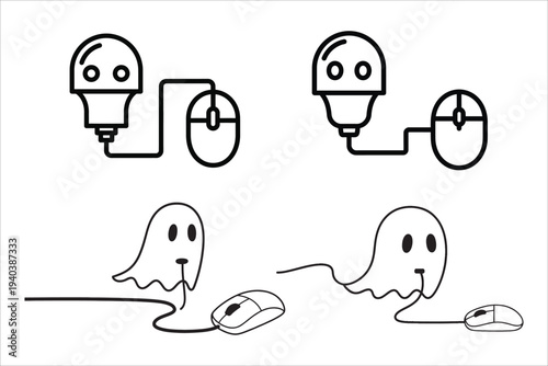 A humorous illustration of ghosts interacting with computer peripherals and electrical plugs
