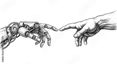 Vector art illustration of a robot hand meeting the hand of a horse and a person designed as a minimalist silhouette icon symbol Vecto art illustration of a robot hand meeting the hand of a horse and 