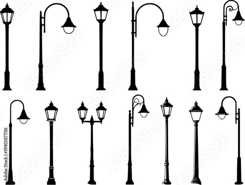 Collection of diverse black silhouette street lamps white background for light post