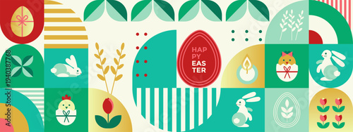 Easter banner in geometric style. Festive Horizontal Vector illustration with bunnies, eggs, chicks, and gradient elements. Modern abstract background for spring holiday decor and greeting card design