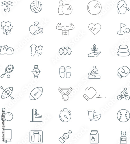 Sport and Fitness icon set. Healthy lifestyle thin line icon collection. Gym and health care icons. Vector illustration