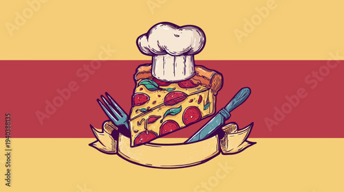 Illustration of a pizza slice with a chef's hat, fork, knife, and ribbon on a color block background