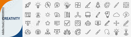 Creativity and artistic brainstorming icons set, outline symbols for innovative thinking project launch inspiration and design process vector illustration
