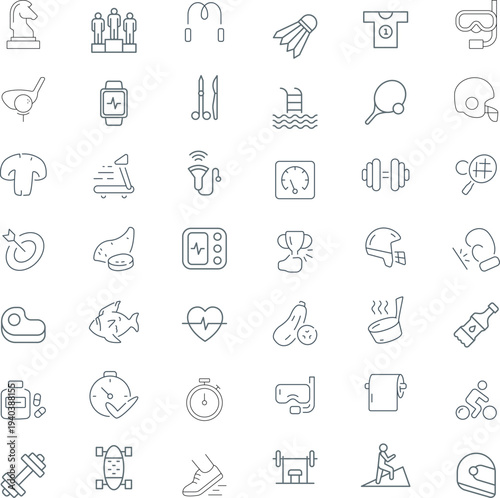 Sport and Fitness icon set. Healthy lifestyle thin line icon collection. Gym and health care icons. Vector illustration
