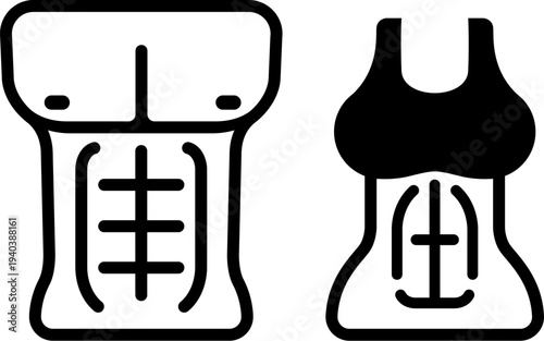 Stylized vector icon of male and female torso with defined abs. Minimal black geometric line art illustration.