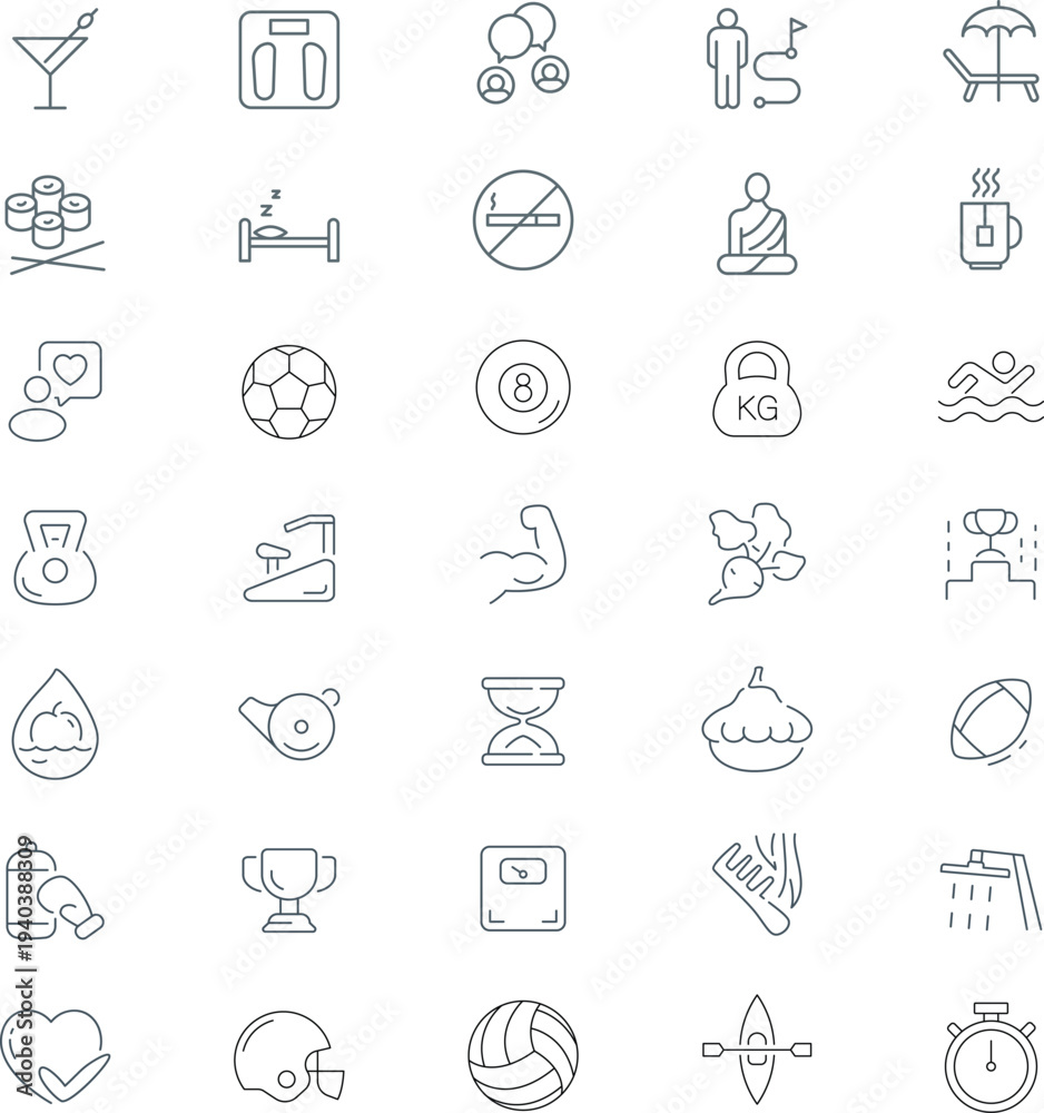 Fototapeta premium Sport and Fitness icon set. Healthy lifestyle thin line icon collection. Gym and health care icons. Vector illustration