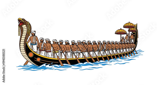 Traditional Snake Boat Race in Kerala, India showcasing a long, narrow boat with multiple oarsmen rowing in unison, adorned with a serpent's head