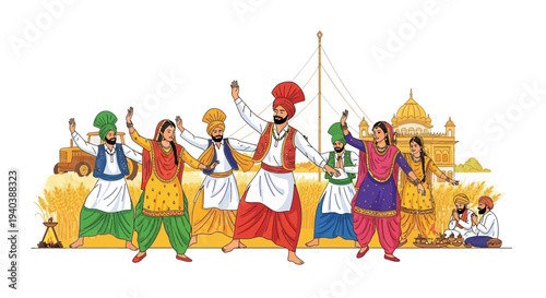 Joyful Punjabi folk dancers celebrate a bountiful harvest festival with traditional Bhangra and Giddha moves, surrounded by golden wheat fields and a majestic temple building