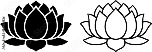 Lotus flower, line icon and solid black silhouette. Minimal hand drawn symbol. Vector clipart illustration.