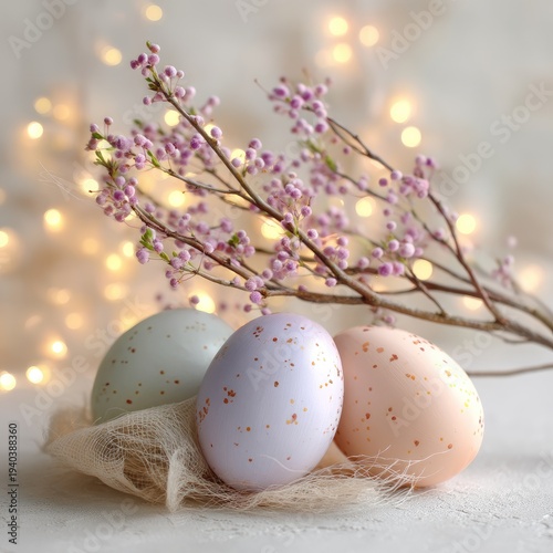 Delicate Easter Eggs Nestled Among Soft Blooms and Warm Bokeh Lights in a Serene Spring Setting