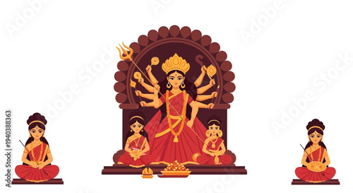 Illustration of goddess Durga with multiple arms seated with devotees and attendants in traditional attire