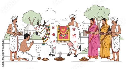 Traditional Indian ceremony with decorated cow surrounded by people in traditional attire, outdoors in a serene village setting