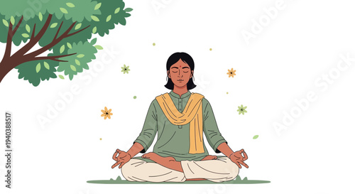 Person meditating peacefully under a tree with stars in a serene environment from a front viewpoint