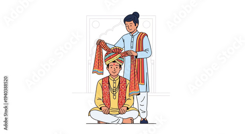 Man assisting another man with traditional attire in a serene setting