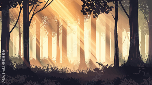 Sunlight streams through forest trees creating a serene natural landscape
