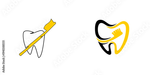 toothbrush. tooth. yellow. black. white. set logo icon vector