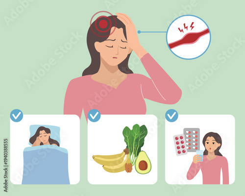 Headache Relief and Migraine Prevention Infographic with Woman Sleeping and Eating Healthy Food and Taking Medication Illustration