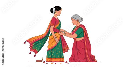 A young woman and an elderly woman exchanging gifts or performing a ritual in a traditional setting