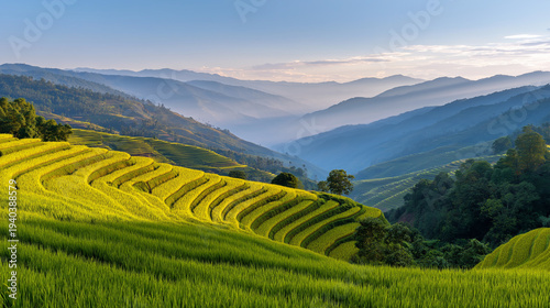 Lush green rice terraces stretching across mountain hills under dramatic cloudy sky.