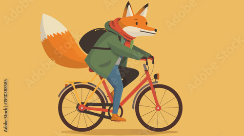 Cartoon fox riding bicycle wearing backpack and jacket isolated on background