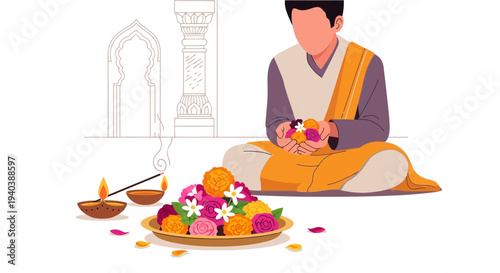 Man Sitting Cross-Legged Performing Puja Ceremony with Floral Arrangements in a Serene Temple Environment from a Front Viewpoint