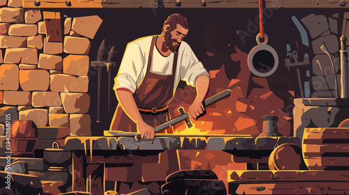 Blacksmith forging metal in workshop with forge and tools