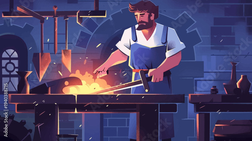 Blacksmith at work forging metal in a workshop with fire and tools