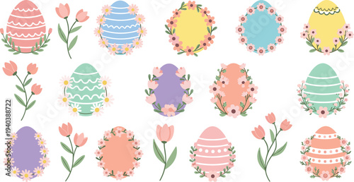 Decorative Floral Easter Eggs Vector Set with Spring Flowers Pastel Holiday Egg Frames Botanical Elements for Greeting Cards and Festive Design