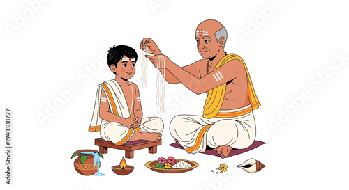 Illustrative depiction of a sacred Hindu initiation ritual featuring a young boy and a priest, symbolizing cultural heritage, spiritual growth, and ancient traditions