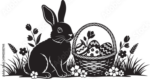 Black and white Easter bunny with decorated eggs basket