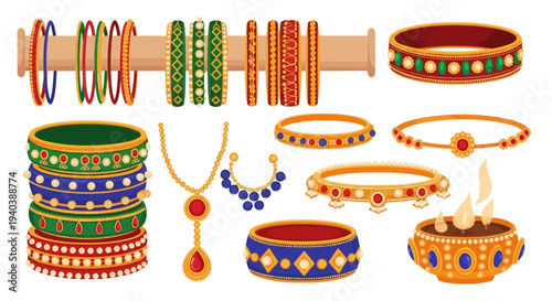 A vibrant collection of traditional Indian jewelry, featuring ornate bangles, elegant necklaces, sparkling bracelets, and cultural ornaments, showcasing rich heritage and artistic craftsmanship