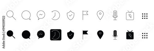 Minimal communication and utility interface icon set with search chat analytics history security flag location microphone television grid vector illustration