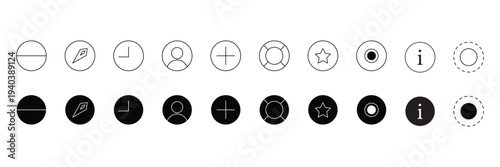 Minimal circular interface icon collection with outline and solid style navigation symbols user profile add button star favorite info vector