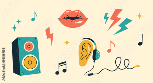 Vibrant retro illustration of audio elements including a speaker, headphones, lips, and musical notes on a cream background