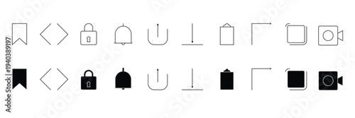 Minimal interface control icon set with bookmark navigation lock notification upload download clipboard media camera outline and solid vector illustration