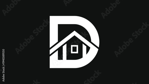 Vector illustration of a residential house icon on a black background featuring a property symbol with a roof and door for real estate business web design