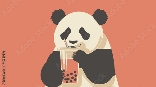 Cartoon panda drinking beverage with straw on a coral background copy space