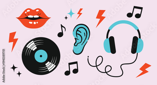 Vibrant collection of retro music icons including lips headphones vinyl record and musical notes on a pastel background