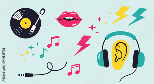Vibrant collection of music and sound related icons and symbols on a light blue background representing audio enjoyment and creativity