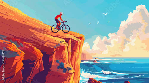 Cyclist on cliff overlooking ocean against blue sky watercolor illustration