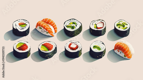 Assorted sushi rolls on neutral background delicious culinary presentation