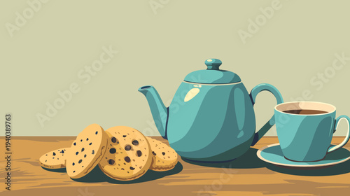 Cartoon teapot tea cup and cookies on a wooden surface in daylight