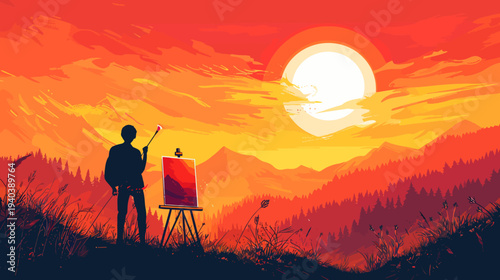 Artist paints sunset landscape silhouette scene against golden sky
