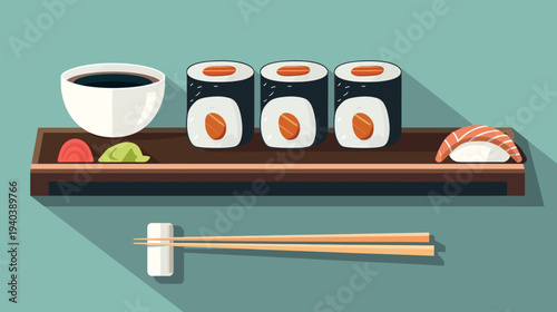 Japanese sushi platter illustration maki rolls nigiri soy sauce and chopsticks