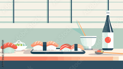 Stylized sushi illustration food still life with chopsticks and sake bottle