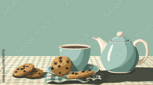 Cartoon tea setting teapot cup saucer cookies on a checkered tablecloth