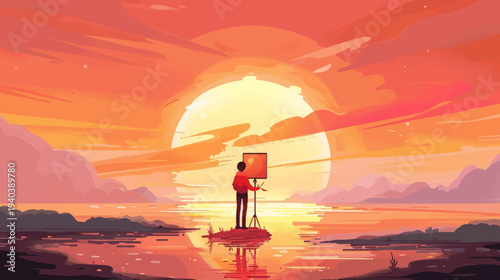 Artist painting scenic sunset over water with vibrant orange and red hues