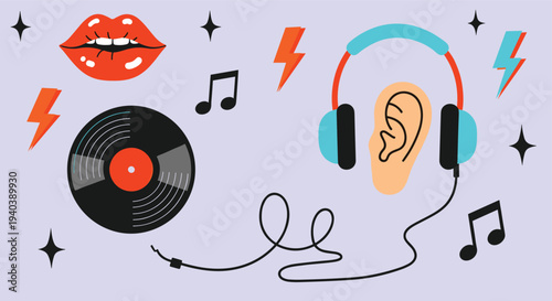 Retro music vibes with vinyl record headphones and lips illustration on a light purple background with lightning bolts and stars
