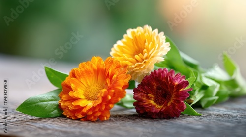 Vibrant Yellow, Orange, and Red Flowers with Green Leaves on Wooden Table in a Nature Setting