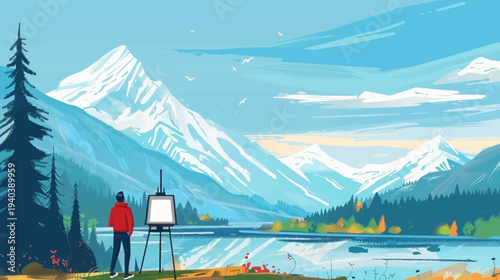 Artist painting landscape scene mountains lake view outdoors creative artwork
